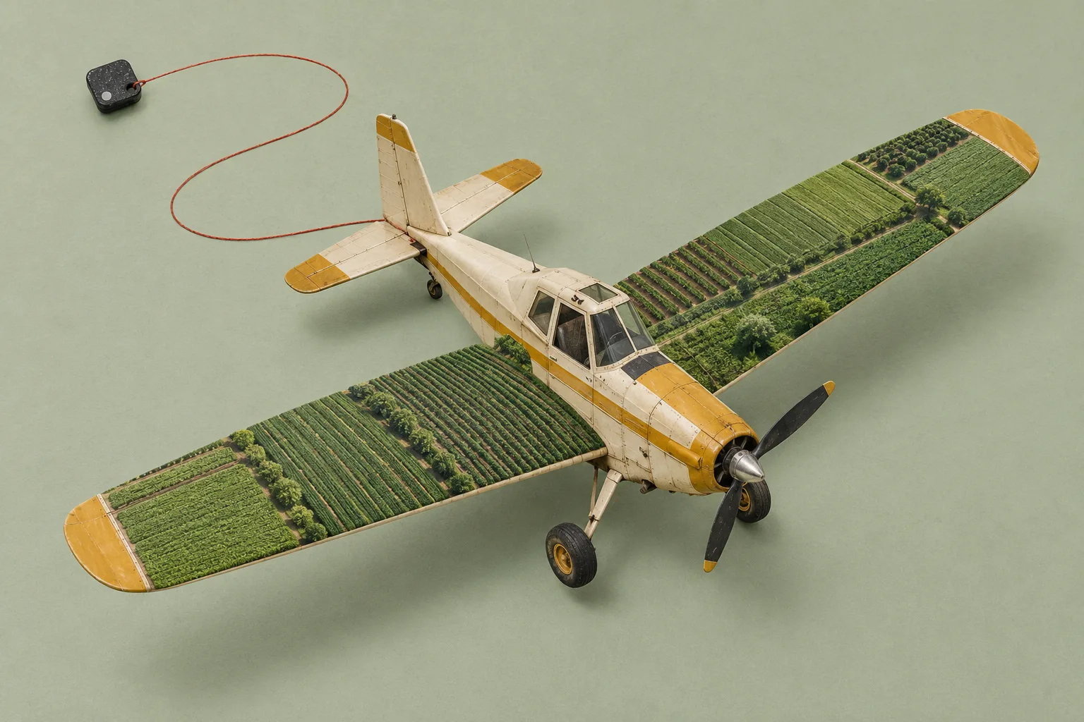 An agricultural plane with wings made from crop fields, connected to a tracker by a red thread.