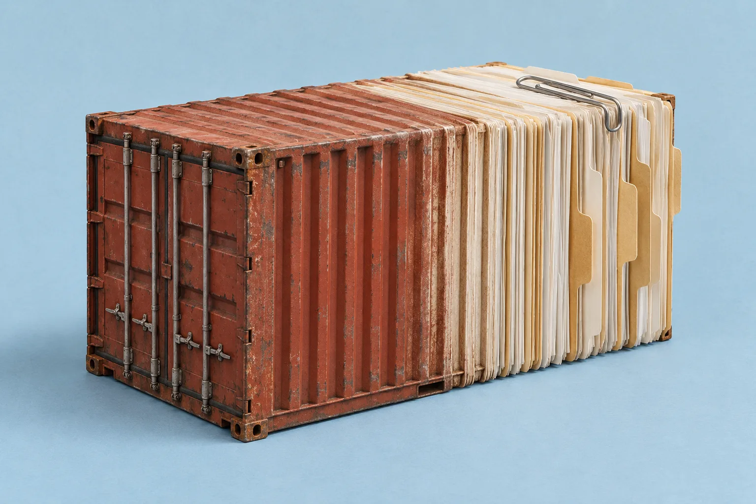 A shipping container transforms into an organized stack of documents and index tabs.