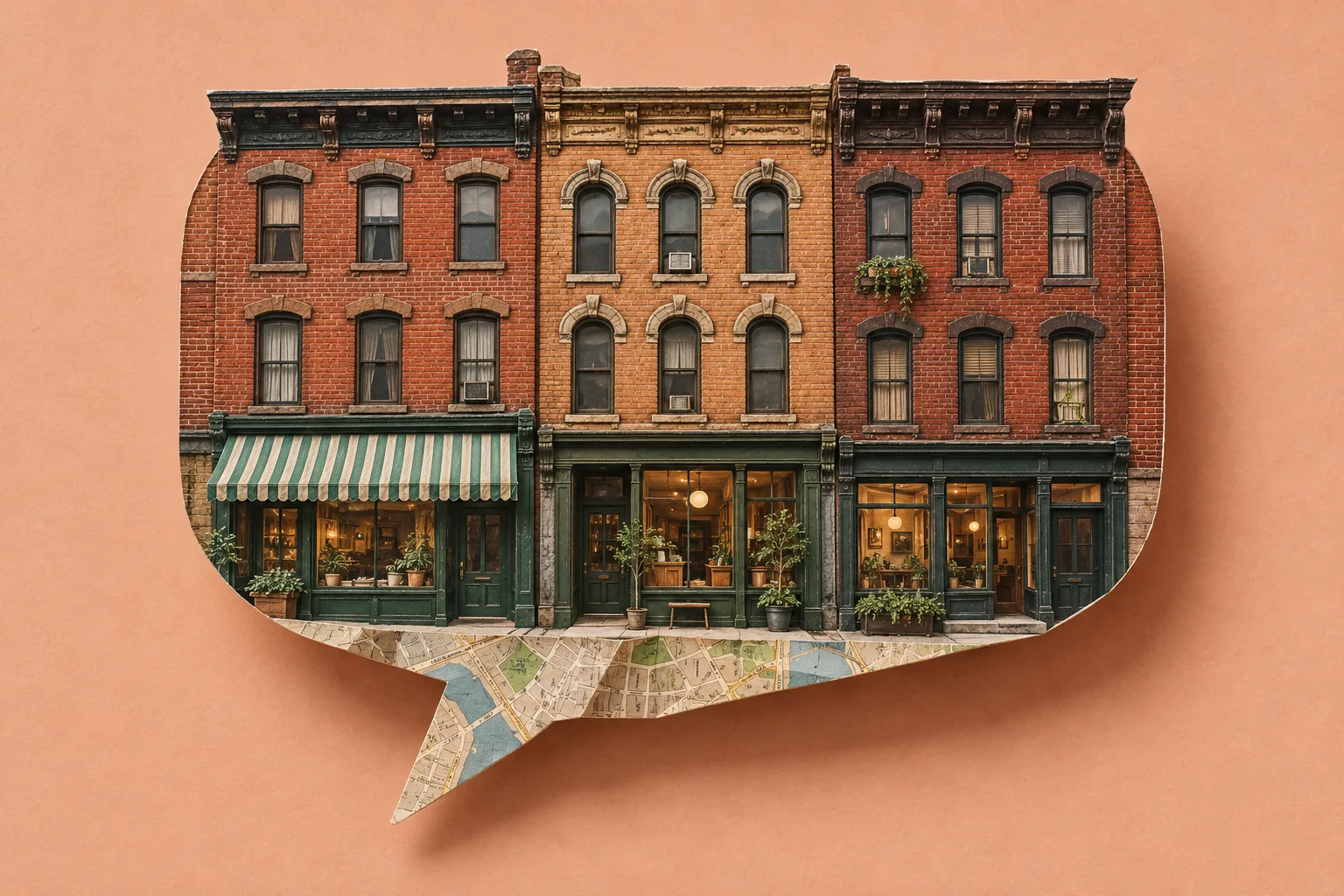 Neighborhood storefronts form a speech bubble above a folded street map.